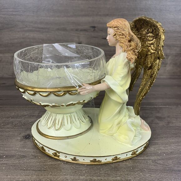 VTG Beautiful Angel Candy Bowl Crackle Glass White and Gold on Base - Picture 2 of 11